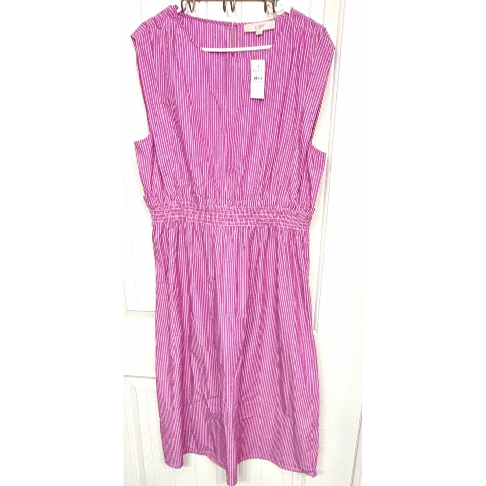LOFT Women's XL Pink/ White Striped Sleeveless Midi A-Line Dress Pockets NWT